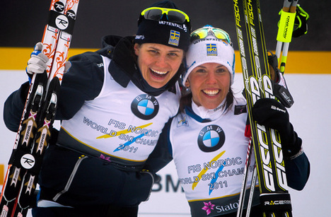 02.03.2011, Oslo, Norway (NOR):  (l-r)Ida Ingemarsdotter (SWE), Rossignol, One Way, Rottefella, Craft and Charlotte Kalla (SWE), Fischer, Swix, Salomon, Craft - FIS nordic world ski championships, cross-country, team sprint, Oslo (NOR). www.nordicfocus.co