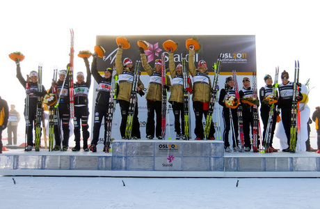 Nordisk skidkamp när den är som bäst: Alla tre länder på pallen i ett VM. Foto: NordicFocus