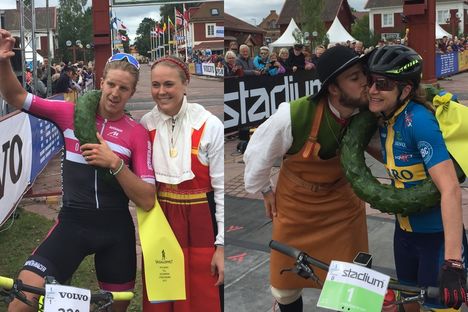 Jonas Ahlstrand och Jennie Stenerhag tog hem Cykelvasan 2017. Här med kranskullan Lydia Sundin och kransmasen Linus Rapp. FOTO: Längd.se. Jonas Ahlstrand och Jennie Stenerhag tog hem Cykelvasan 2017. Här med kranskullan Lydia Sundin och kransmasen Linus Rapp. FOTO: Längd.se.