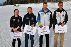 Fyra av toppåkarna i ICA Supermarket Jemtland Ski Tour. Från vänster Lisa K Svensson, tvåa i D 21, Frida Hallqvist, etta i D 21, Emil Persson, trea i H 21 och Max Novak, tvåa i H 21. FOTO: Jemtland Ski Tour. Fyra av toppåkarna i ICA Supermarket Jemtland Ski Tour. Från vänster Lisa K Svensson, tvåa i D 21, Frida Hallqvist, etta i D 21, Emil Persson, trea i H 21 och Max Novak, tvåa i H 21. FOTO: Jemtland Ski Tour.