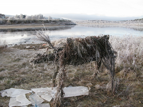 Karasjok, rein i tre, står på elvebredden, frost