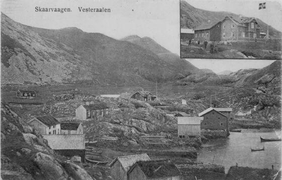 Skårvågen ca. 1900 – 1910. Innfelt i høyre hjørne Rüsings bolighus. Originalbildet er lånt av Ruth Johannessen