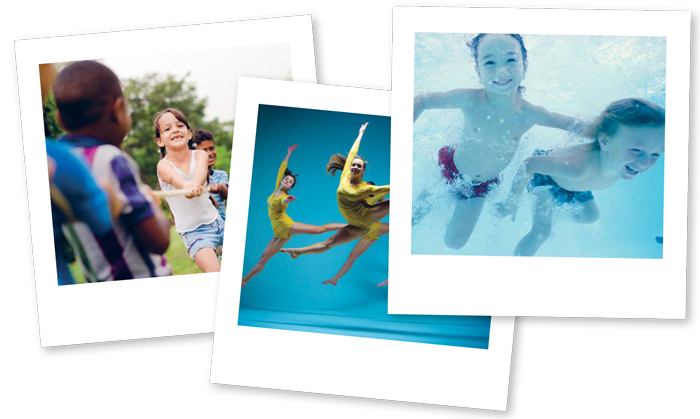 Tre polaroidbilder av barn engasjert i ulike fritidsaktivteter