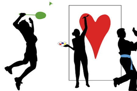 Collage som viser bueskyting, badminton, kunstmaling og karate
