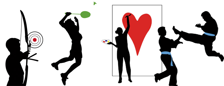 Collage som viser bueskyting, badminton, kunstmaling og karate