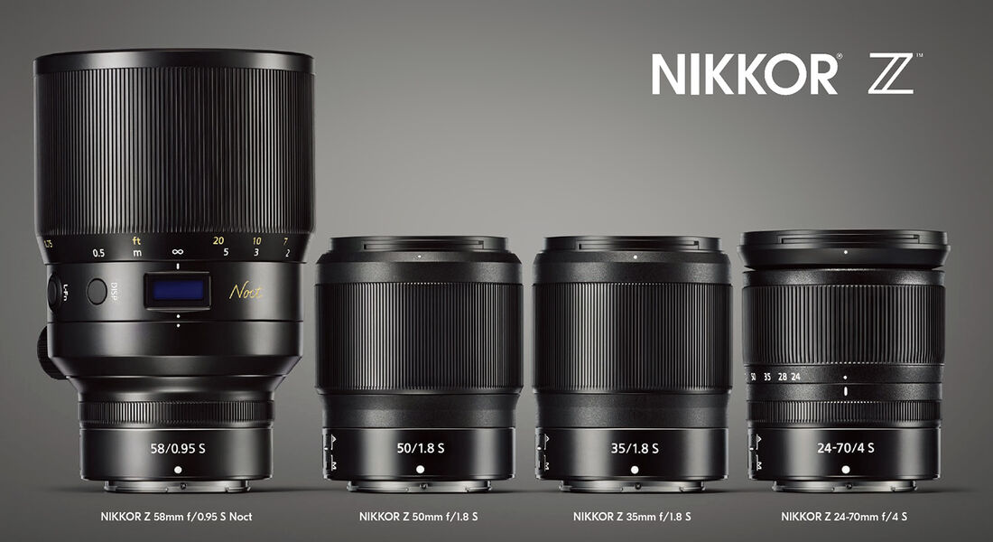 Nikkor Z-objektivene per august 2018. Den gedigne Nikkor Z Noct 58mm F0,95 som blir levert i 2019, og de tre objektivene som er klare i tiden september-november. (Fra Nikons Nikkor Z-brosjyre)