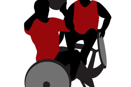 Illustrasjon som viser to personer som holder på med rullestolbasket