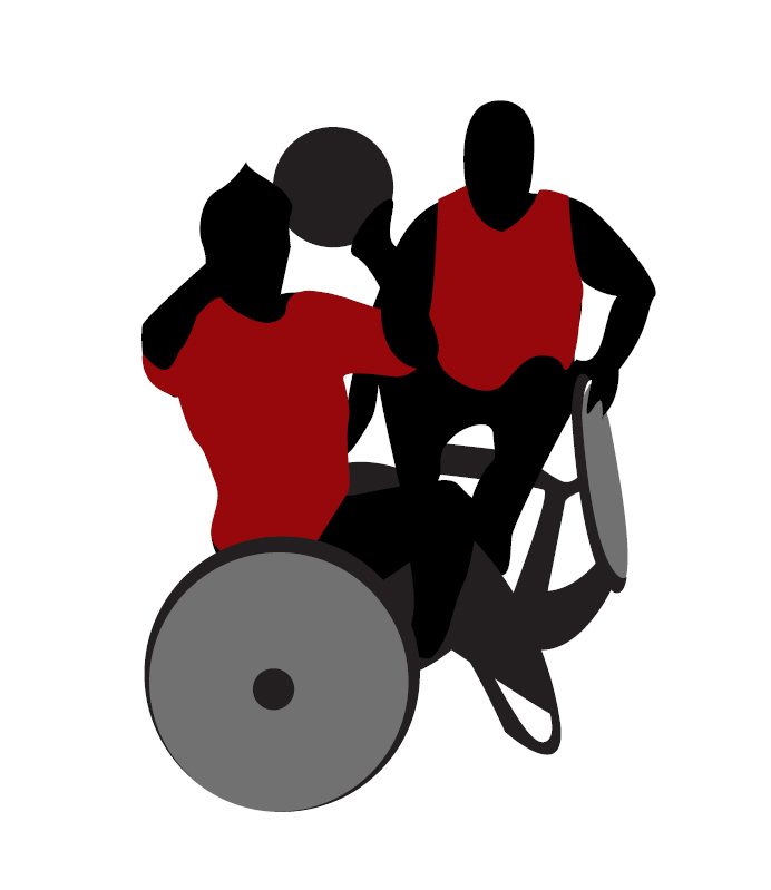 Illustrasjon som viser to personer som holder på med rullestolbasket