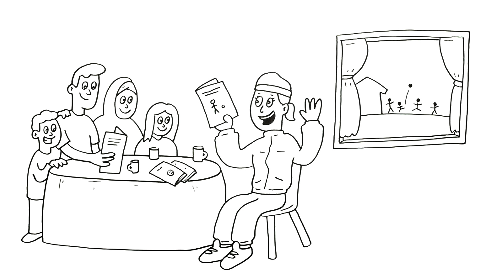 Tegning som viser en aktivitetsguide som snakker med en familie