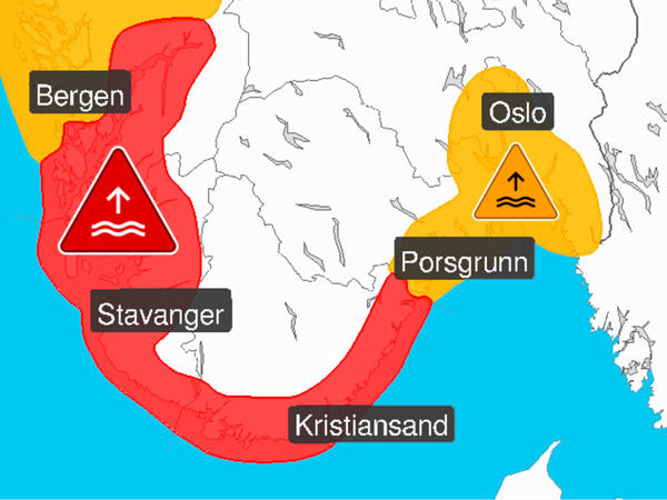 Rødt nivå for vannstand i sør-norge