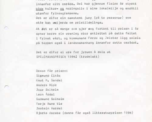 Spelemannsprisen kriterier 1984