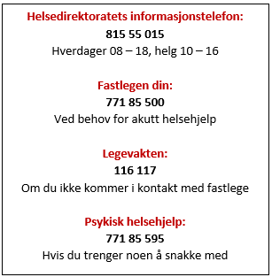 Korona telefonnr til ulike kontakter