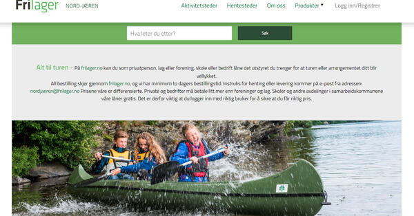 Skjermbilde av nettsiden frilager.no. Bilde av glade barn i en kano. Foto