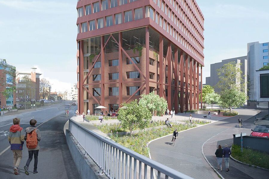 Det må bli enklere å gjenbruke materialer og bygningsdeler, og nye bygg må utformes med tanke på framtidig demontering. Fredrik Selmers vei 5 er pilot i prosjektet SirkBygg. Illustrasjon: Grape Architects