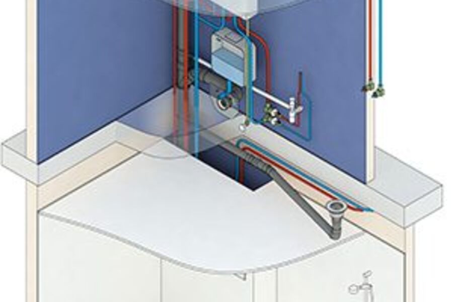 Figuren viser føring av varmt og kaldt tappevann og avløp. Felles varmt tappevann er utført med sirkulasjon. Avløp fra sluk er ført i nedsenket himling i etasjen under. Klamring av rør og rørisolasjon er ikke vist, men er viktig for god utførelse av vann- og avløpsrør. Ill.: BVN