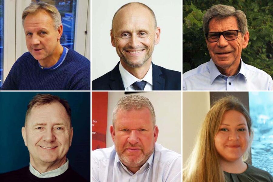 Disse deltar i paneldebatten. Øverst fra venstre: Helge Ranheim  Østlandske VVS AS, Rune Flengsrud  Ahlsell Norge AS, Ole Larmerud. Nede fra venstre: Oddgeir Tobiassen  Rørentreprenørene Norge, Geir Jansen  Andenæs VVS AS, og Marie Linn Havsgård, Chr. Vestrheim AS. 