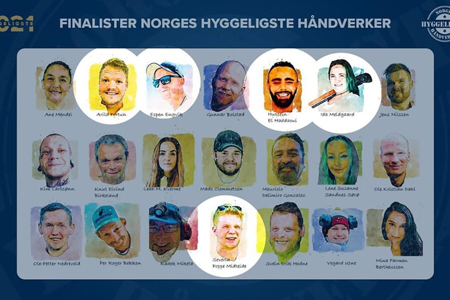 I kategorien rørlegger har Severin Poppe Midteide, Hussein El Haddaoui og Espen Engevik kommet til finalen i Norges Hyggeligste Håndverker. To av tre finalister i kategori lærling er rørleggerlærlinger - Arild Fortun og Ida Meldgaard. Skjermdump: hyggeligste.no