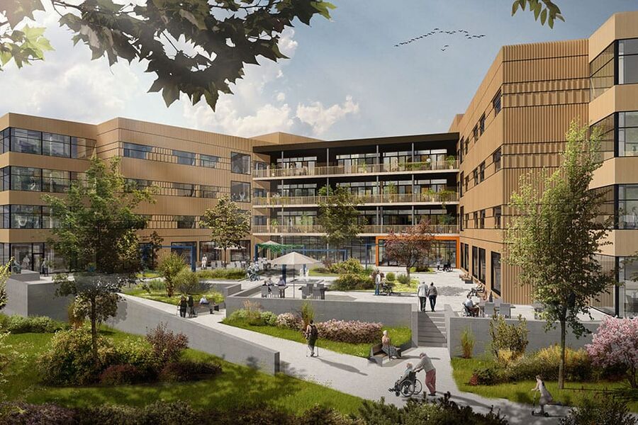 Det nye rehabiliteringssenteret omfatter ca 10 000 m2 over fire etasjer. Illustrasjon: Per Knudsen Arkitektkontor AS