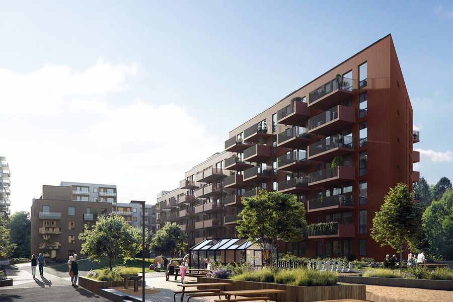 Lørenskog Hageby er Betonmast Boligbyggs hittil største boligprosjekt, med sine 423 leiligheter og en kontraktssum på om lag 900 millioner kroner. Illustrasjon: Fredensborg Bolig