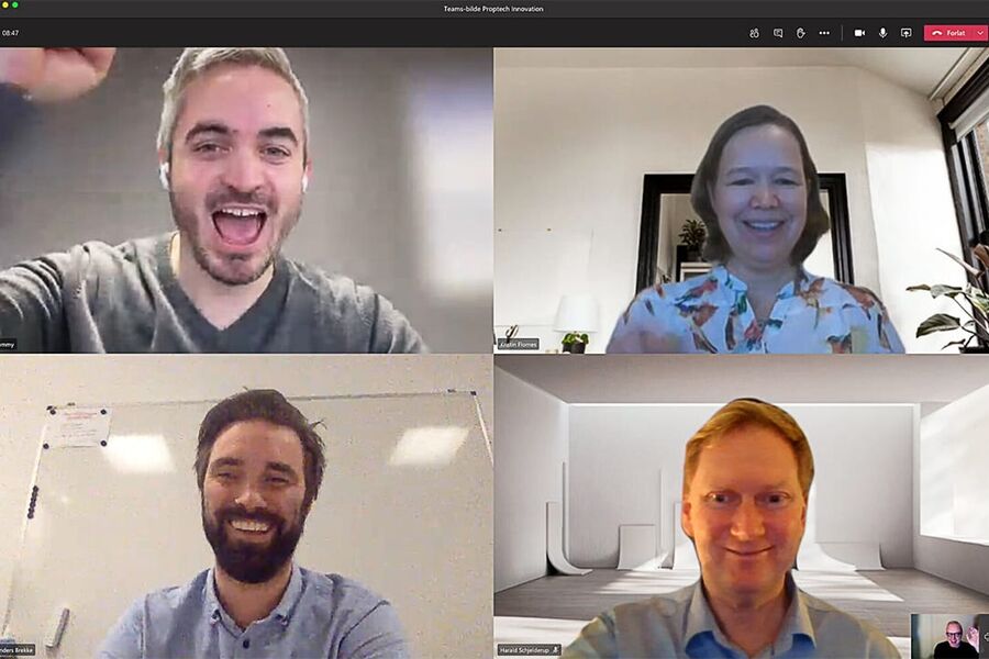 GLAD GJENG: Gruppen som har frontet klyngesøknaden inn mot innovasjon Norge var svært glad da nyheten ble kjent. Oppe fra venstre. Tommy Hagenes (Airthings),  Kristin Flornes (Norce), Anders Daniel Brekke (Really!), Harald Schjelderup (BOB) og Stig Frode Opsvik (klyngeleder, Proptech Innovation).