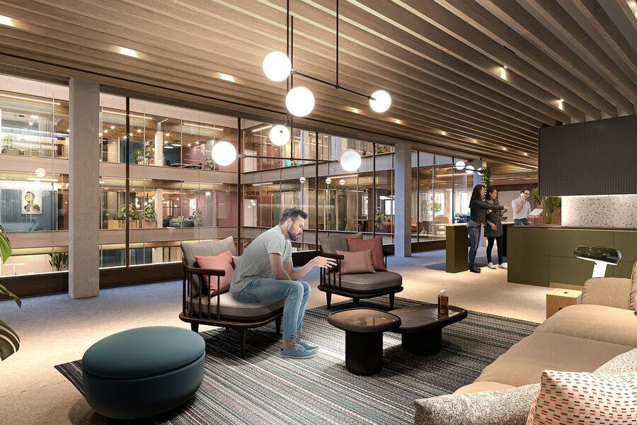 Hathon har fått bistand fra Norconsult til å identifisere tiltak som kan redusere smitterisiko i kontorbygget Hausmanns hus. (Illustrasjon: Blake/ Hathon)