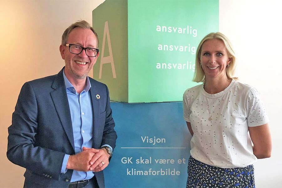 Konsernsjef Kim Robert Lisø og Guro Steine, konserndirektør for kommunikasjon og bærekraft i GK Gruppen, melder høye ambisjoner for bærekraft.