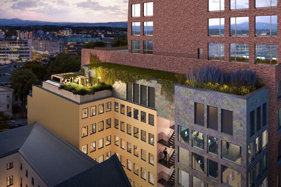 Kristian Augusts gate 13 i Oslo er et kontorbygg fra 1950-tallet i 8. etasjer. Nå skal det oppgraderes, med fokus på gjenbruk av materialer. Illustrasjon: Mad arkitekter 