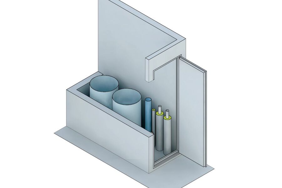 I næringsbygninger for utleie der man ønsker større fleksibilitet, eller i bygninger der driftsstans kan ha store konsekvenser, er god tilgang til sjakta særlig viktig. I slike bygninger anbefaler SINTEF at man har full tilgang til rørene med tilhørende rørkoblinger og ventiler gjennom en dør. Ill.: SINTEF 