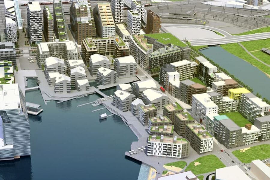 Prosjektene som er igangsatt så langt i Bjørvika av AF-gruppen,  er Dronninglunden og Vannkunsten, med henholdsvis 140 og 240 leiligheter fordelt på 48.000 kvadratmeter. Disse ligger innerst i viken mot Barcode i bakgrunn.