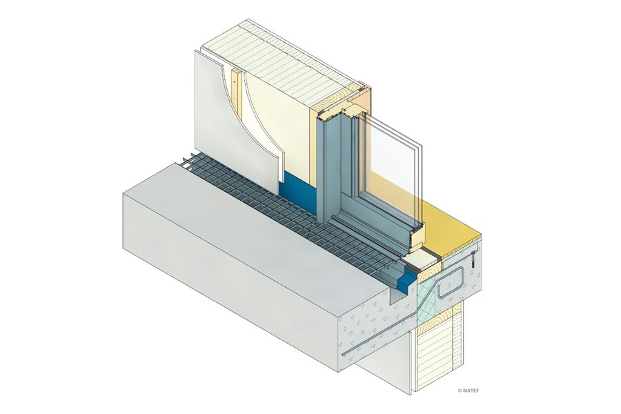 Eksempel på fuktsikker terskelløsning for balkong eller svalgang med betongdekke og opphengt bærekonstruksjon og med renne ved yttervegg. Ill: Byggforskserien 