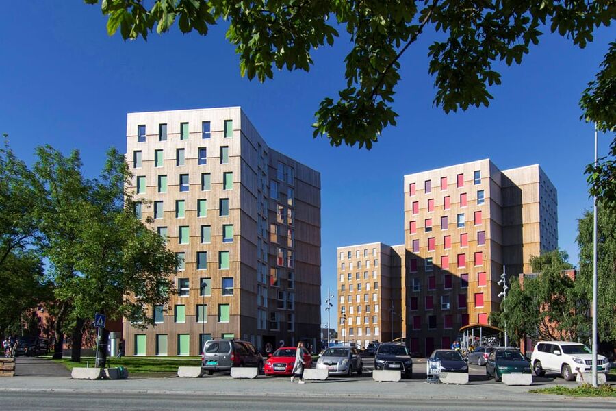 Høybyggene i massivtre på Moholt i Trondheim har fått stor oppmerksomhet. Forskere, arkitekter og entreprenører deler kunnskap og erfaringer med bygging i massivtre på Norsk bygingsfysikkdag 2019. Foto: MDH Arkitekter AS 