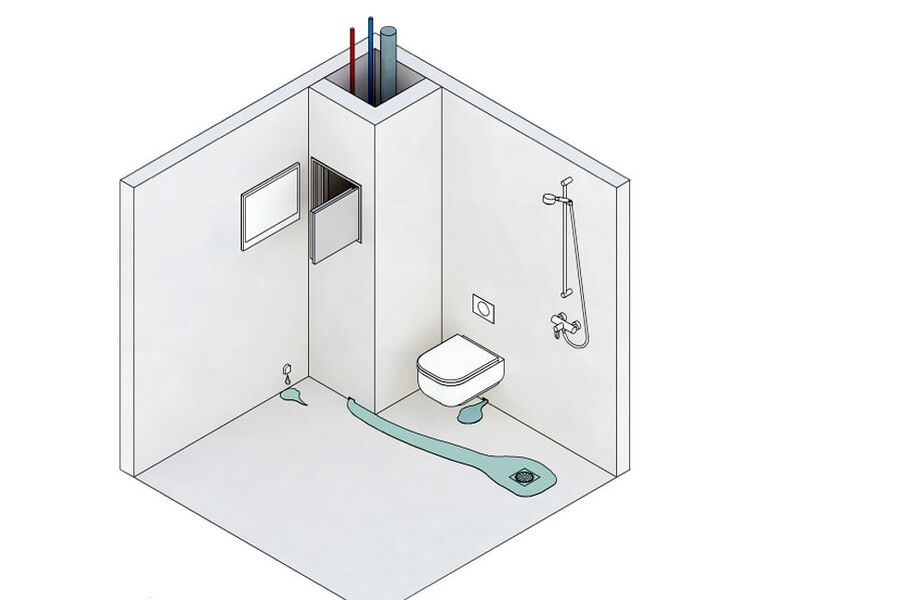 Fig. 412 b i BVN viser 
eventuelle lekkasjer skal ledes fra fordelerskap og sjakt til sluk via drensåpninger.