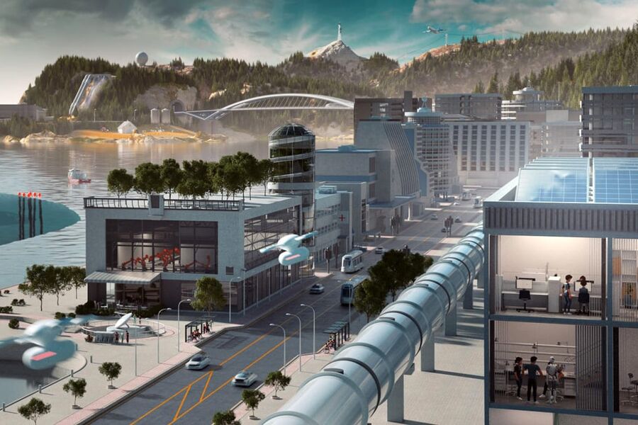 SINTEF Community skal utvikle fremtidens løsninger for det bygde samfunn der mennesker møtes, lever og arbeider, og der vi ferdes når vi flytter oss fra ett sted til et annet. Illustrasjon: Headspin/SINTEF