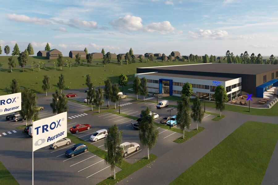 Illustrasjon over den nye fabrikken til Trox Auranor. Planen er at fabrikken skal innvies på senhøsten 2020.