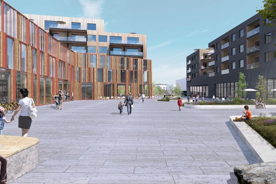 Skisse av det nye tettstedet i Fjerdingby. Illustrasjon: Dyrvik Arkitekter AS