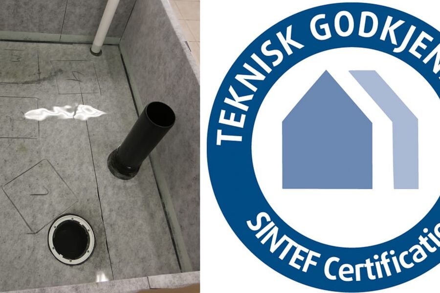 Bildet viser eksempel på foliemembran som prøves for vanntetthet mot sluk og rørgjennomføringer. Prøvingskassen er fylt med 100 mm vann. Ill.: SINTEF 