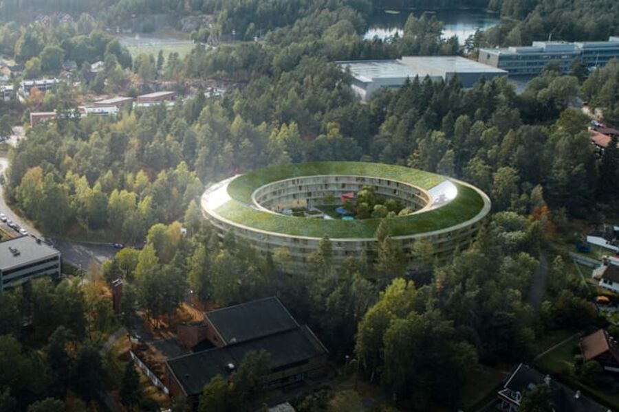 Oversiktillustrasjon over leilighetsbygget OEN på Ammerud i dagslys og sol.