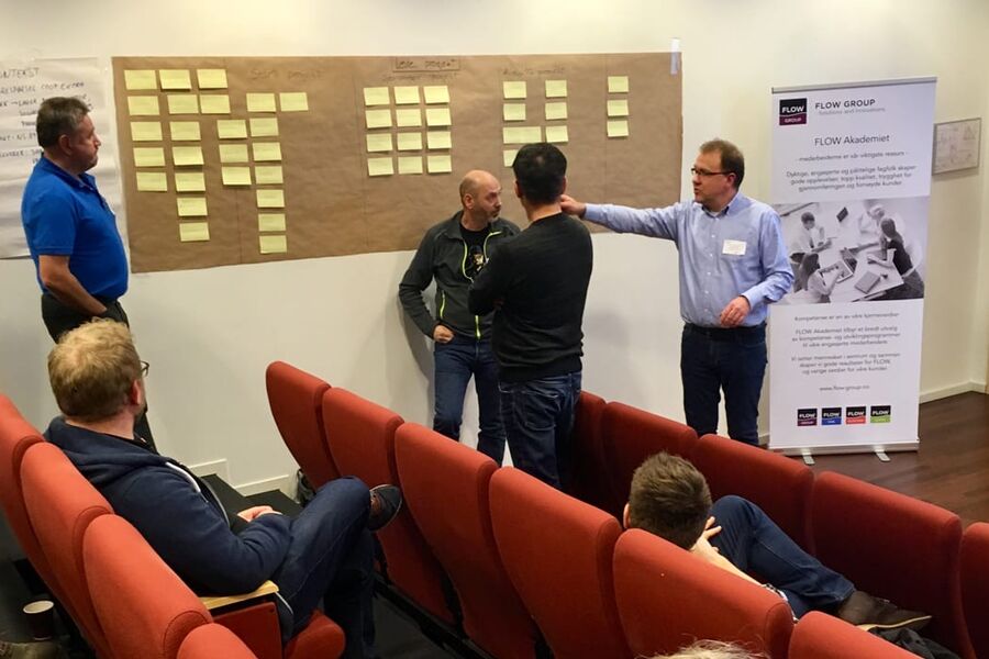 Gruppearbeid med deltagere fra FLOW selskapene med Mads Meisingset (til høyre), daglig leder i FLOW
Group, som fasilitator