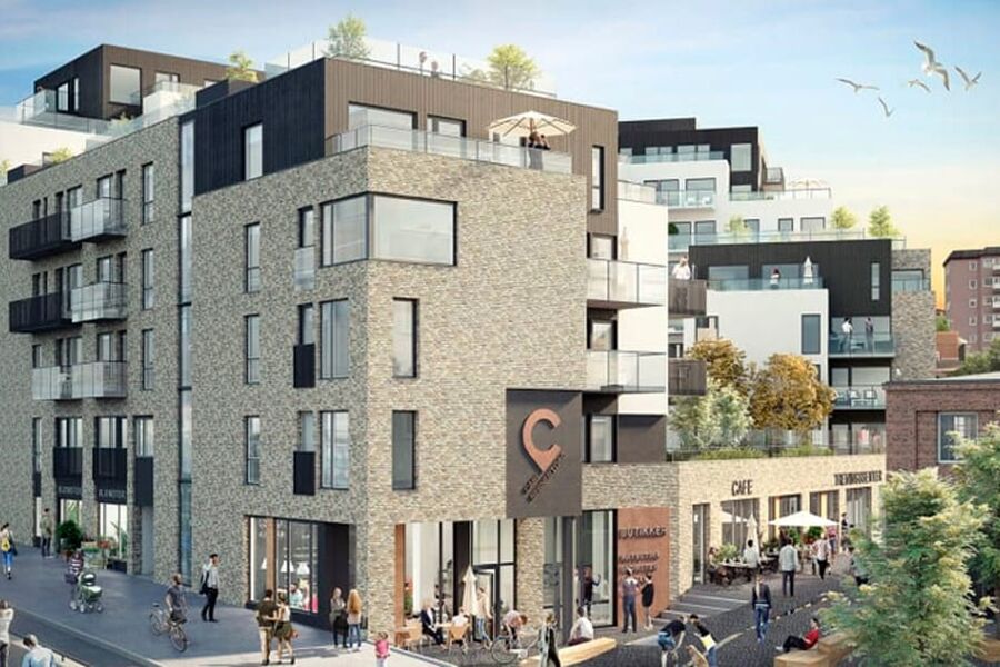 FLOW Meisinget VVS  skal levere sanitær, varme, kjøling og sprinkleranlegg til 111 leiligheter i tre bygg på Carl Berner Torg. Bygget inkluderer også parkeringskjeller og næringsarealer. Illustrasjon: LINK Arkitektur.