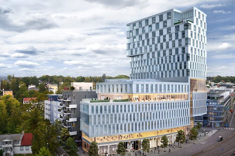 Solcellerekkverket Powerrail får plass i «Trappetrinnene» i i Orkla House. Render: Narud Stokke Wiig AS