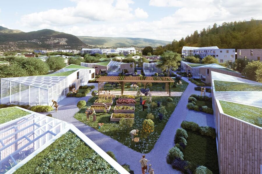 AGROPOLIS: Noenlunde slik ser man for seg hvordan det nye prosjektet på Vikkolljordet i Mjøndalen kan bli. Det planlegges et pilotprosjekt med 800 boliger der innbyggerne kan produsere egen og felles mat under en profesjonell bondes ledelse. Tegning: Dark arkitekter