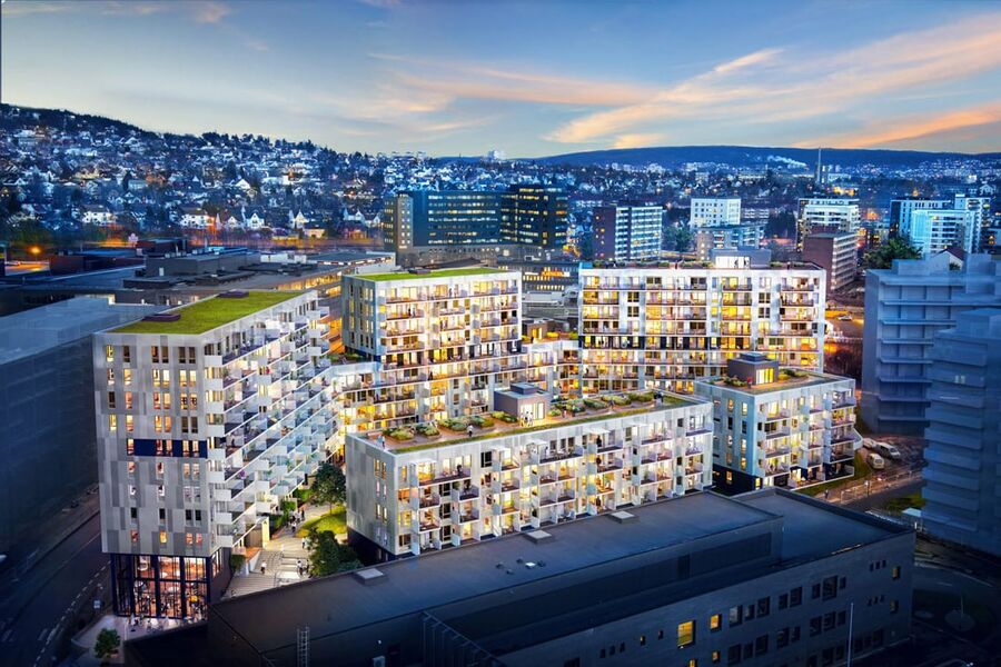  Nyegaardskvartalet vil bli Norges største miljøsertifiserte BREEAM-prosjekt for boliger, og det blir også en av landets første og største fossilfrie byggeprosjekter. Veidekke 