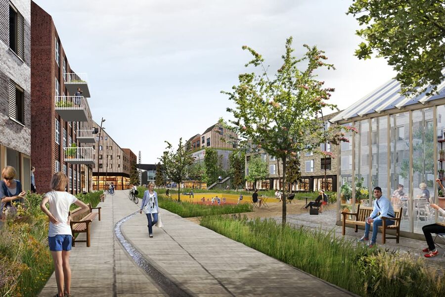 Illustrasjon fra Spelhaugen i Bergen. Området og leilighetene skal være selvforsynt med energi.