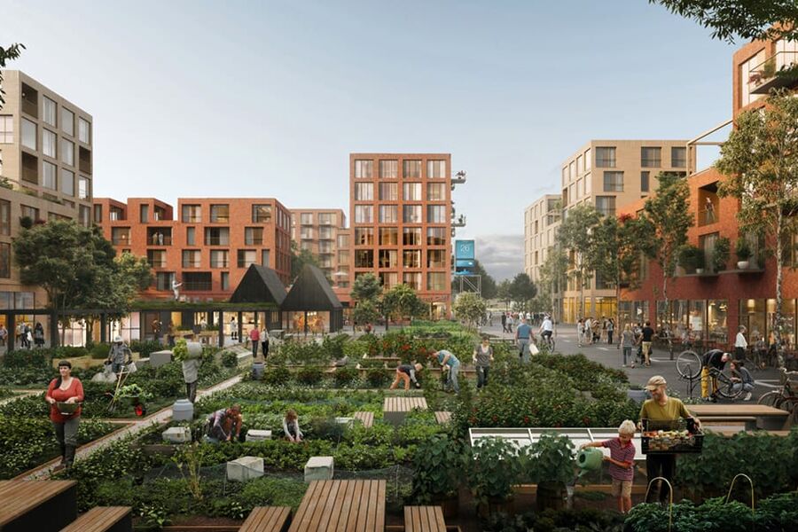 BÆREKRAFTIG: Det planlegges for urbant landbruk på det nye boligområdet. Sentralt står også grønn mobilitet, smarthusteknologi, miljøvennlige materialer og fellesskapsløsninger. Teamet bak prosjektet er Dyrvik Arkitekter, Transborder Studio, SLA og Bollinger og Grohmann.