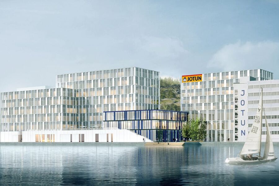 Illustrasjon av det nye bygget til Jotun i Sandefjord.