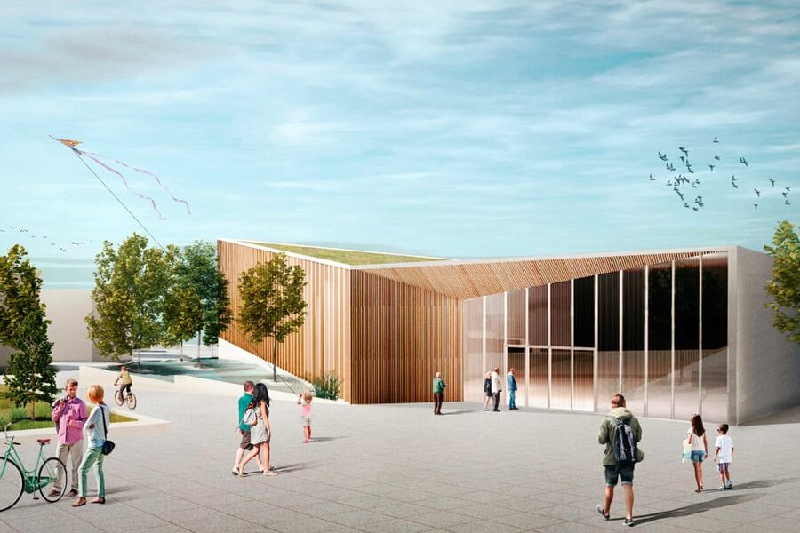 De første illustrasjonene av Stovner bad er foreløpige og på et skissenivå. Illustrasjon av Dyrø og Moen Arkitekter