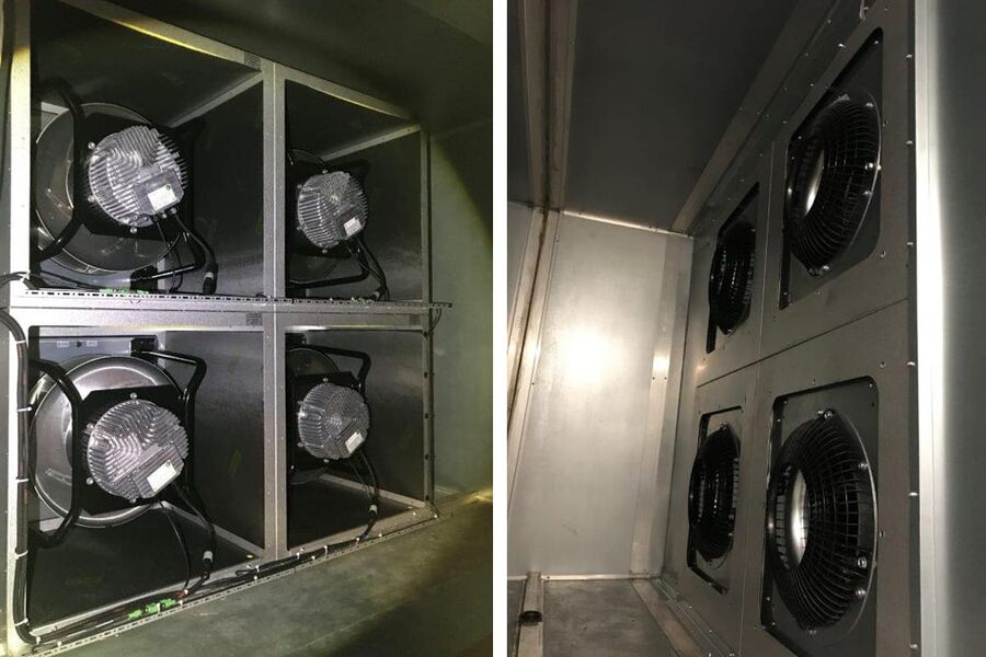 Vifteveggen i Tinghuset i Oslo, består av fire viftekuber på tilluft og det samme på avtrekk. 