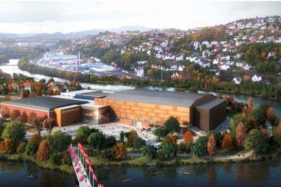 Nye Nidarøhallen i Trondheim. Illustrasjon: Veidekke.