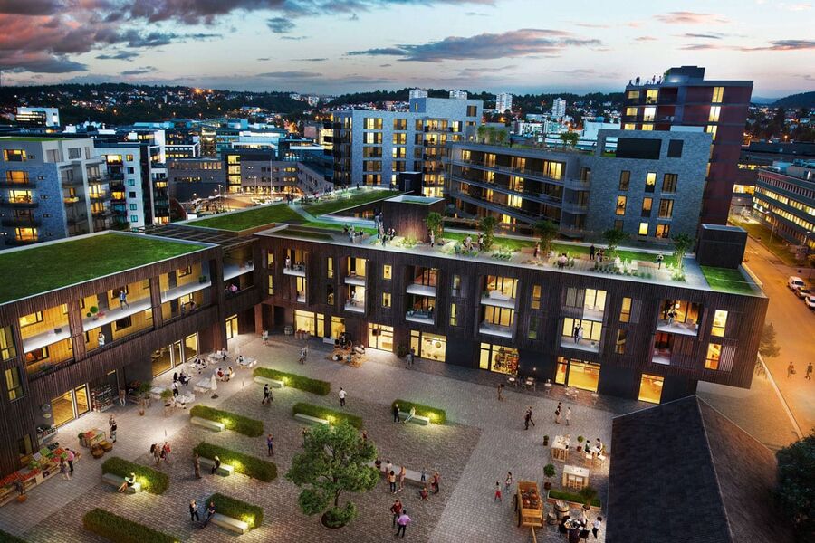 Lillo Gård består av totalt 440 leiligheter, et bydelstorg og en nyrestaurert gård.