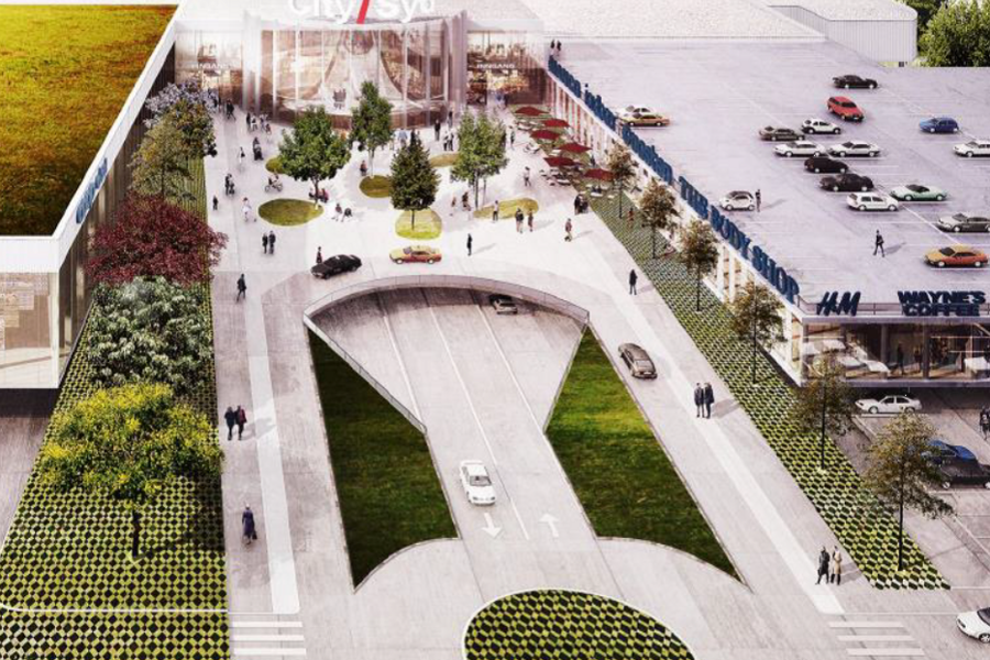 EU-prosjektet CommONEnergy tar sikte på å gi praktiske støtteverktøy og løsninger for å endre shoppingsentre til energieffektive arkitekturer og systemer. Dette er framtidsvisjonen av shoppingsenteret City Syd. Skissen er utformet av ARC arkitekter fra Trondheim. 